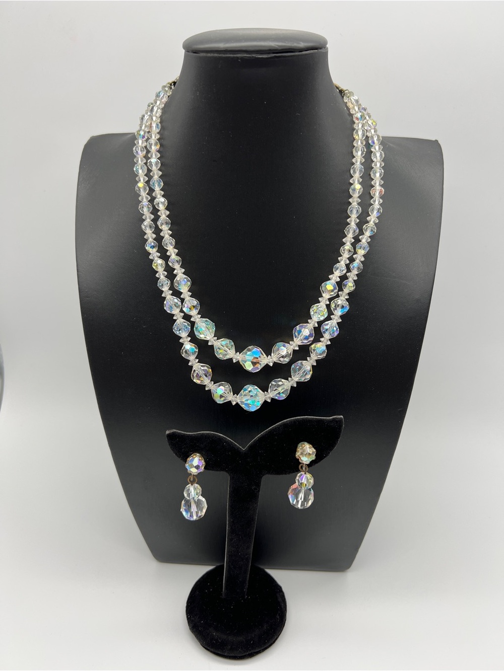 VINTAGE AB Crystal Necklace Earrings Set • 15” Choker • Bridal • Clip On